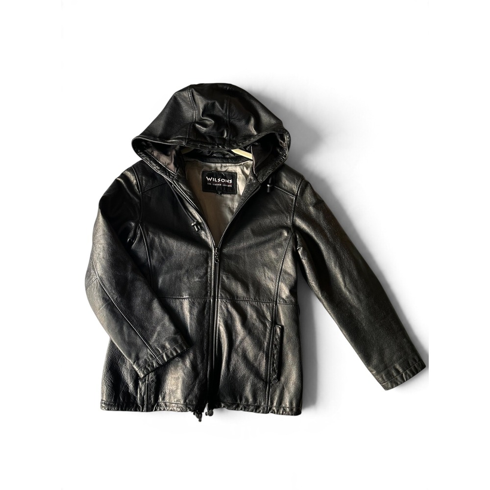 Wilsons The Leather Experts Black Leather Hooded Jacket Zip Up Women Medium